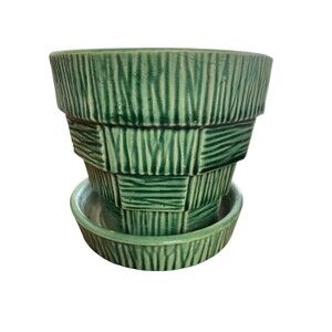 Vintage McCoy Glossy Dark Green Basket Weave 4" Planter